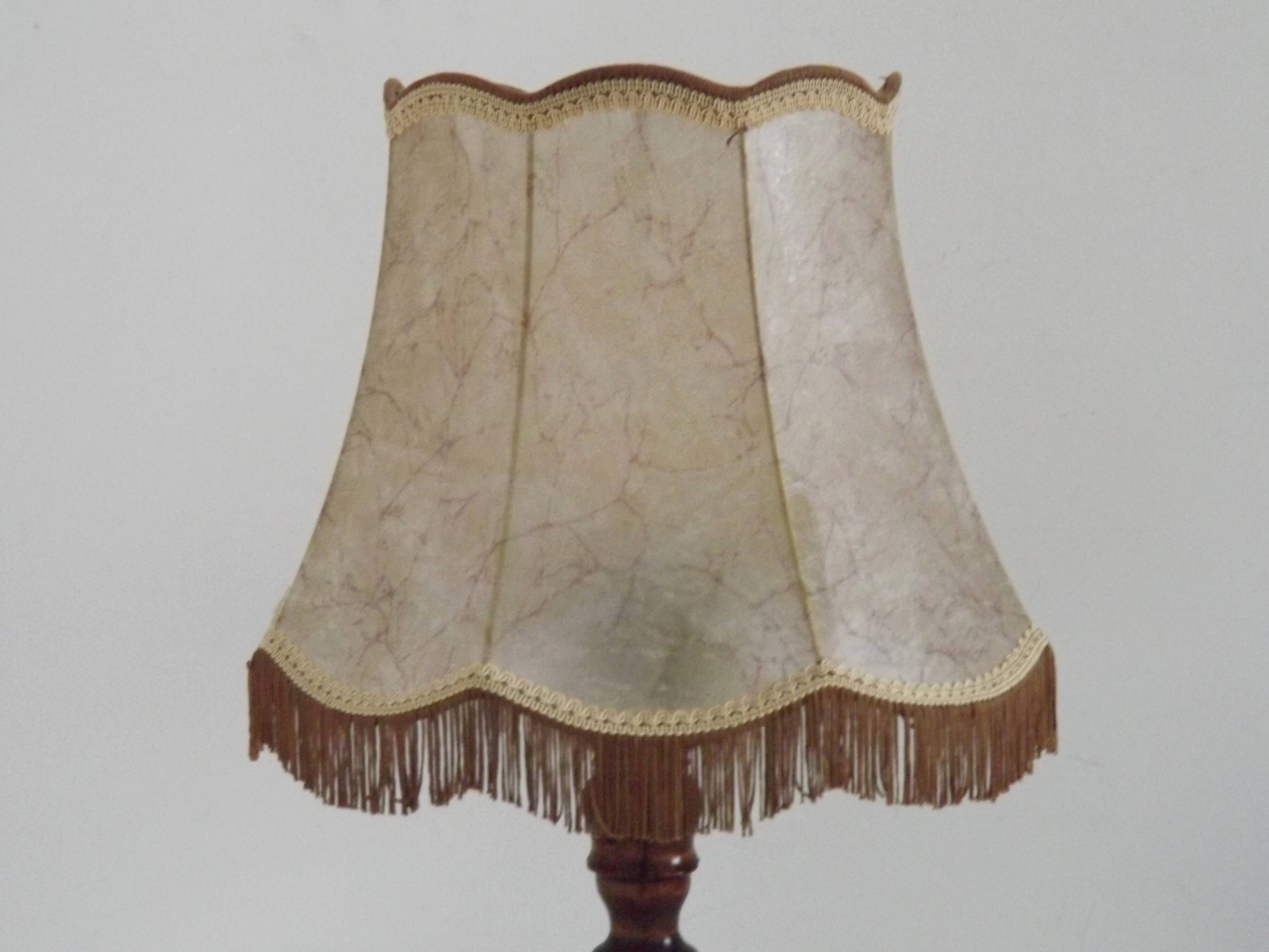 Vintage French Country Table Lamp Carved Turned Wood Base & Hide Skin Shade