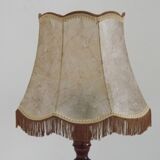 Vintage French Country Table Lamp Carved Turned Wood Base & Hide Skin Shade