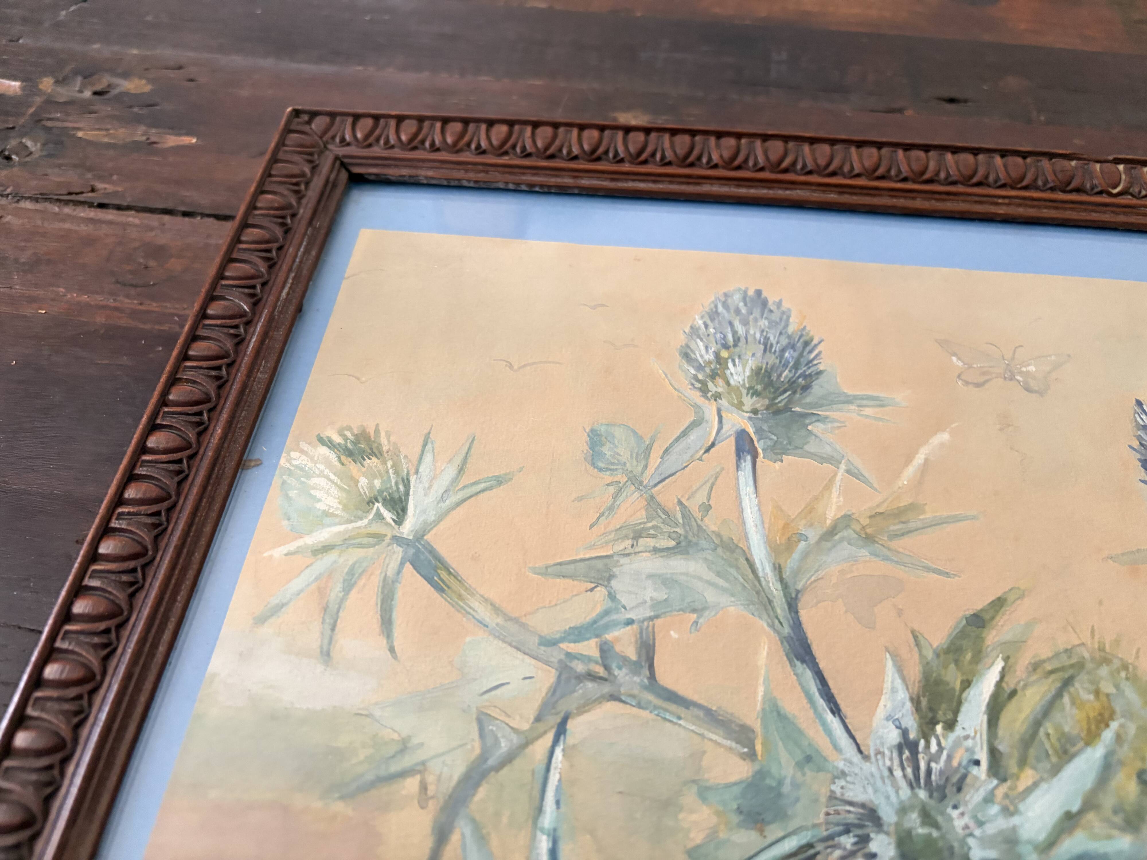 Composition botanique aux chardons bleus – gouache ancienne encadrée