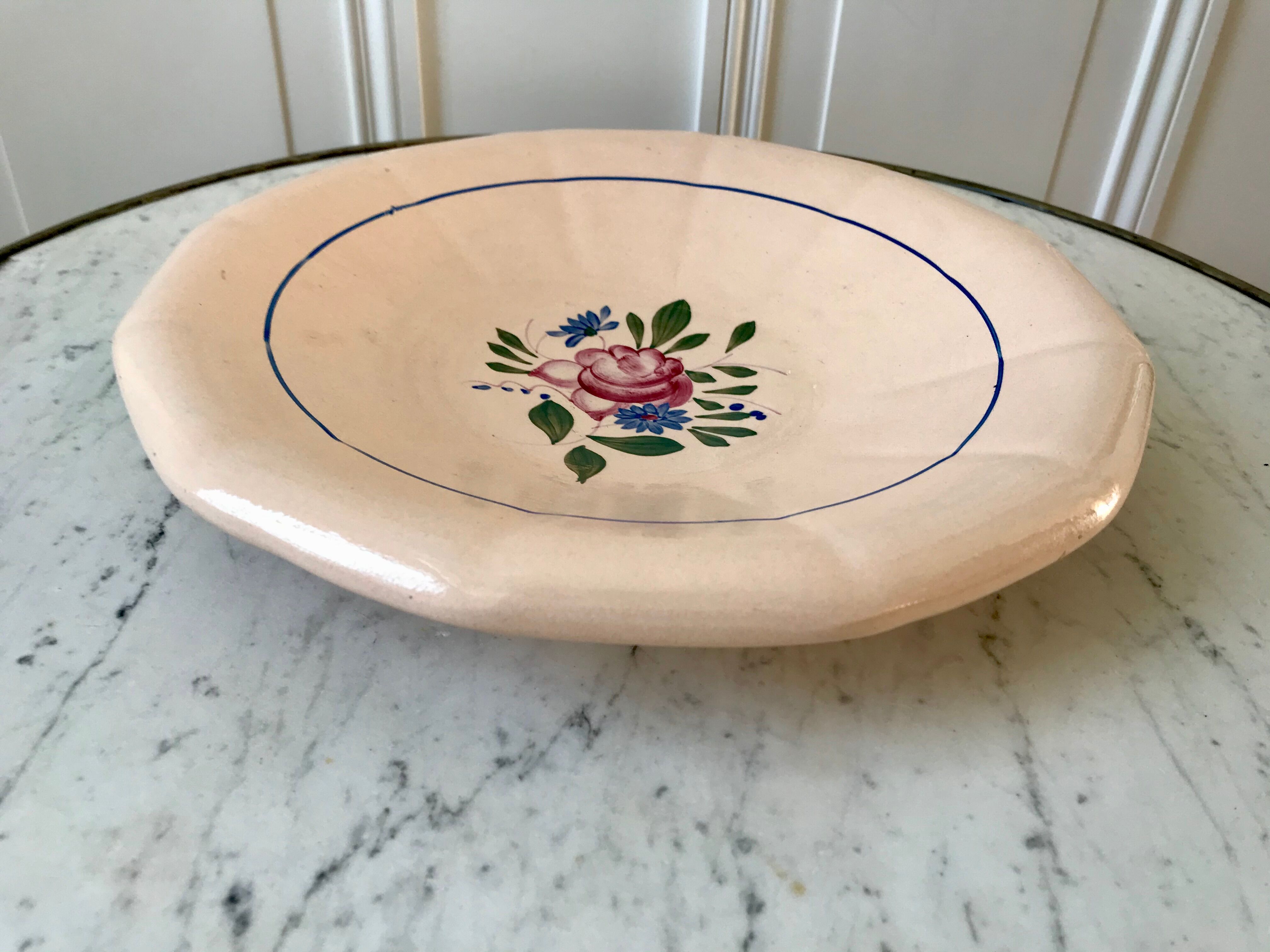 hollow dish Digoin Sarreguemines beige with pink and blue flowers 40s