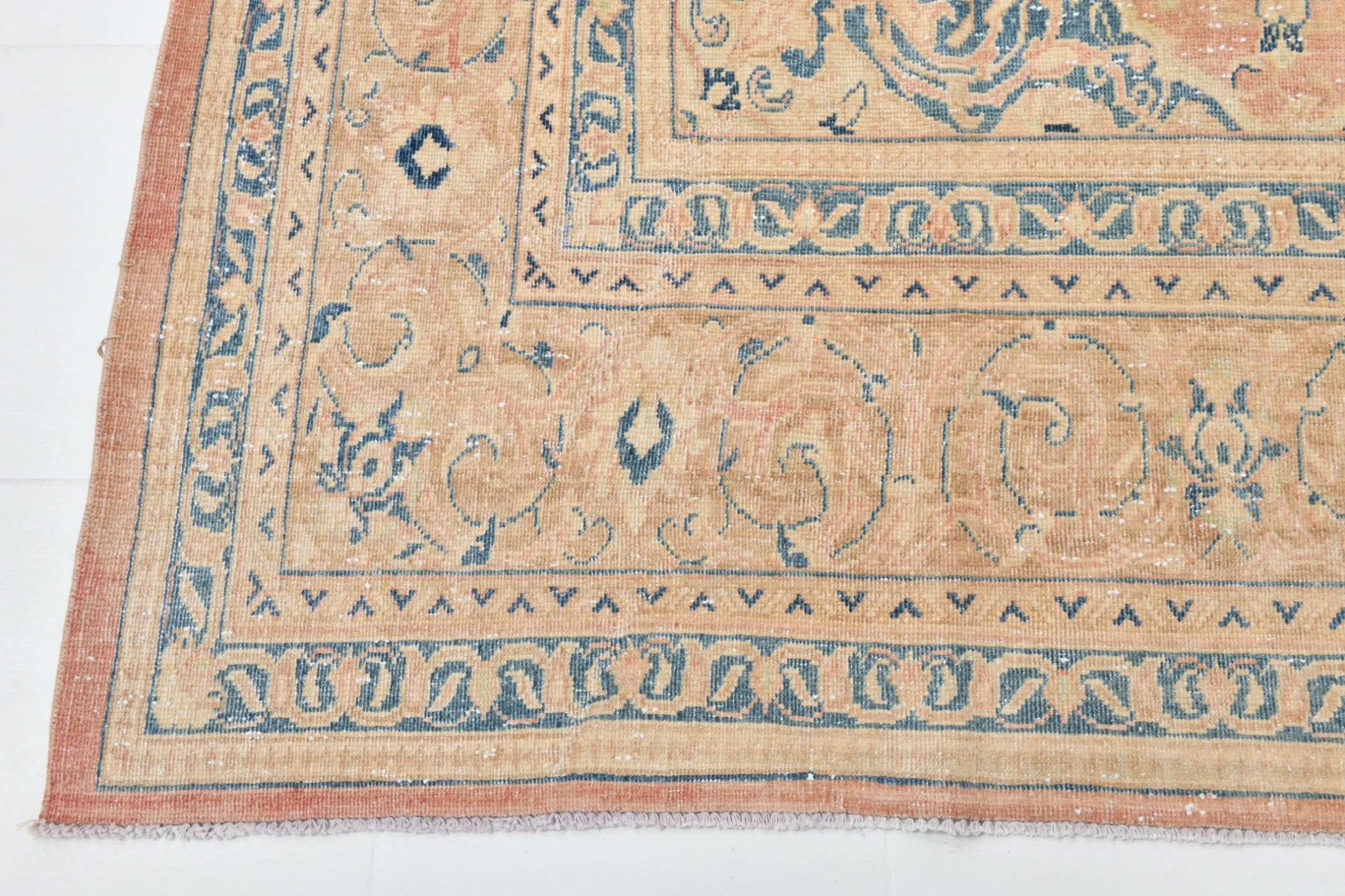 Peach Pink Large Persian Rug, Floral Bordered Vintage Carpet, 292x387Cm