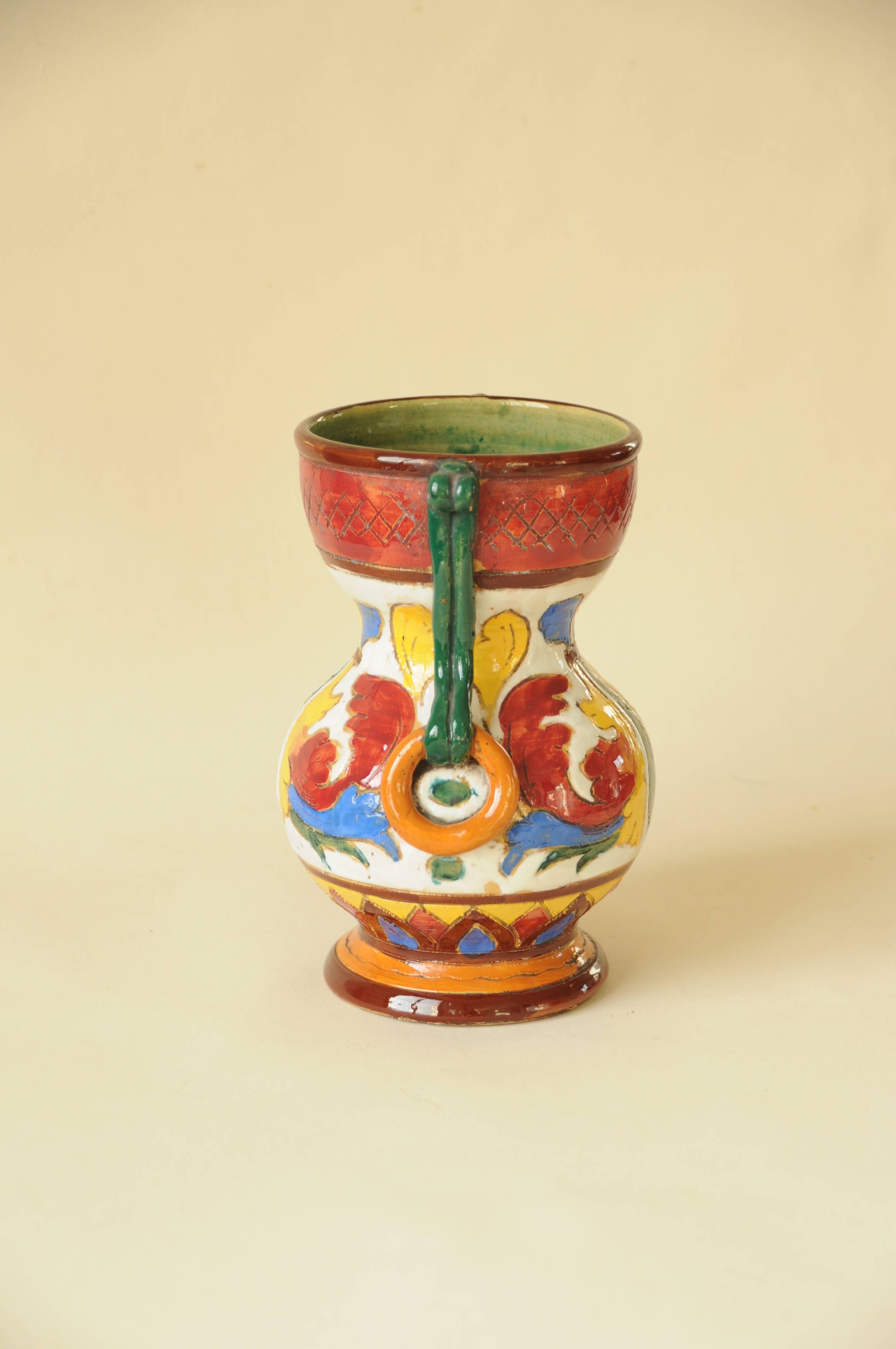 Antique polychrome ceramic vase – Italy 20th century – Handcrafted floral decoration