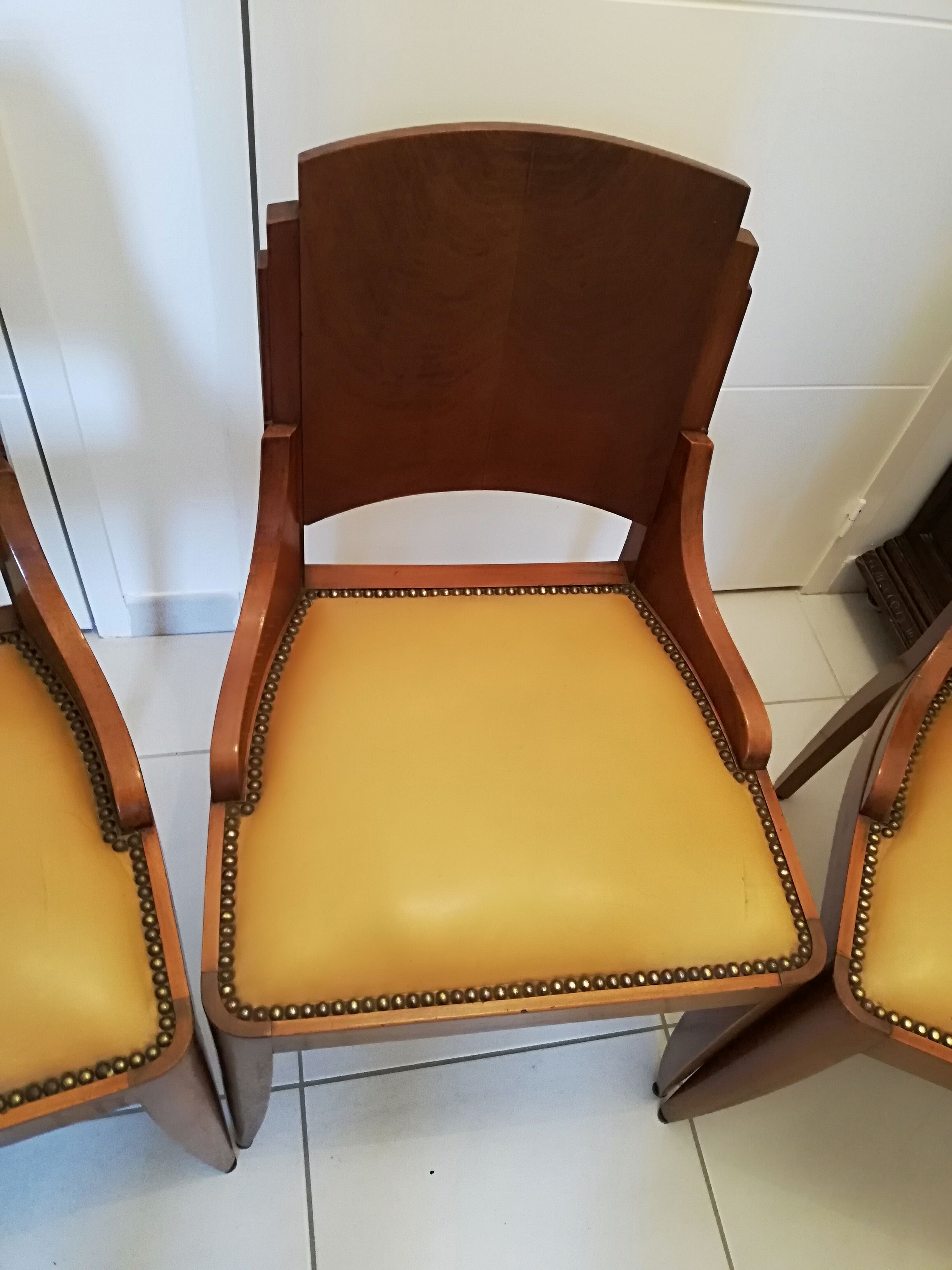 4 vintage 40s solid wood chairs and leather seating