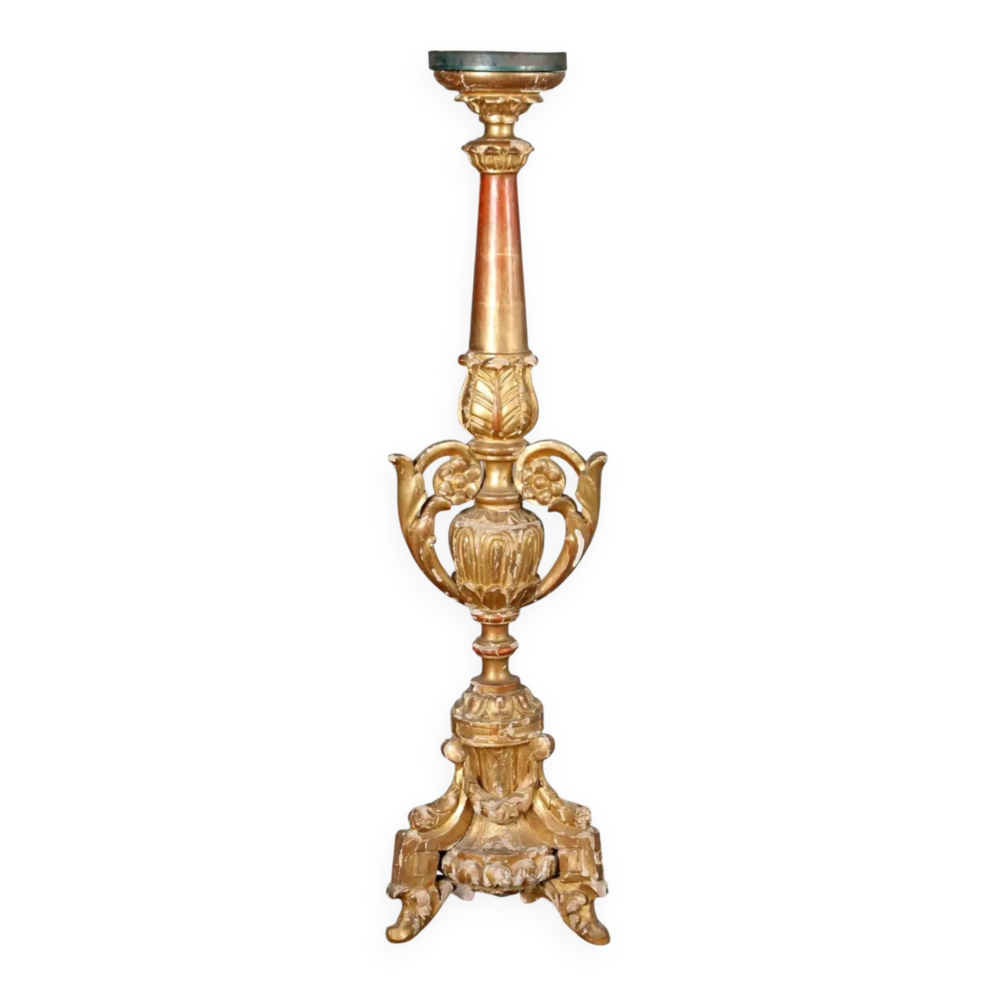 Eclectic antique candlestick in carved and gilded wood, 19th century.