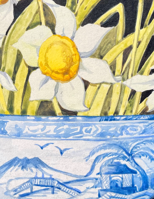 Early 20th Century Still Life Painting of Daffodils Black Frame