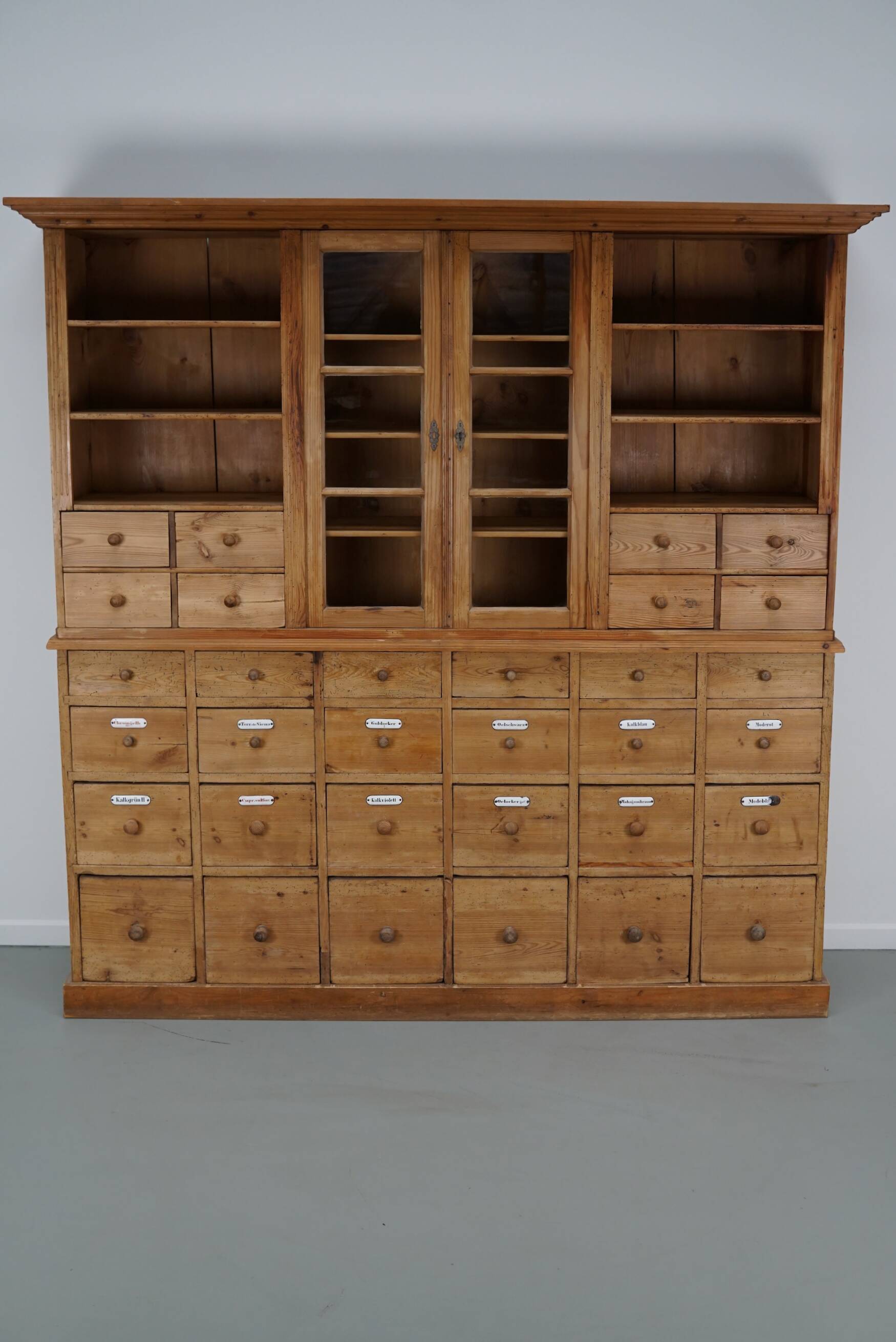 Large antique German pine apothecary cabinet / vitrine early 20th century