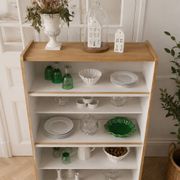 Vintage library in oak veneer, pearl grey interior, metal legs.