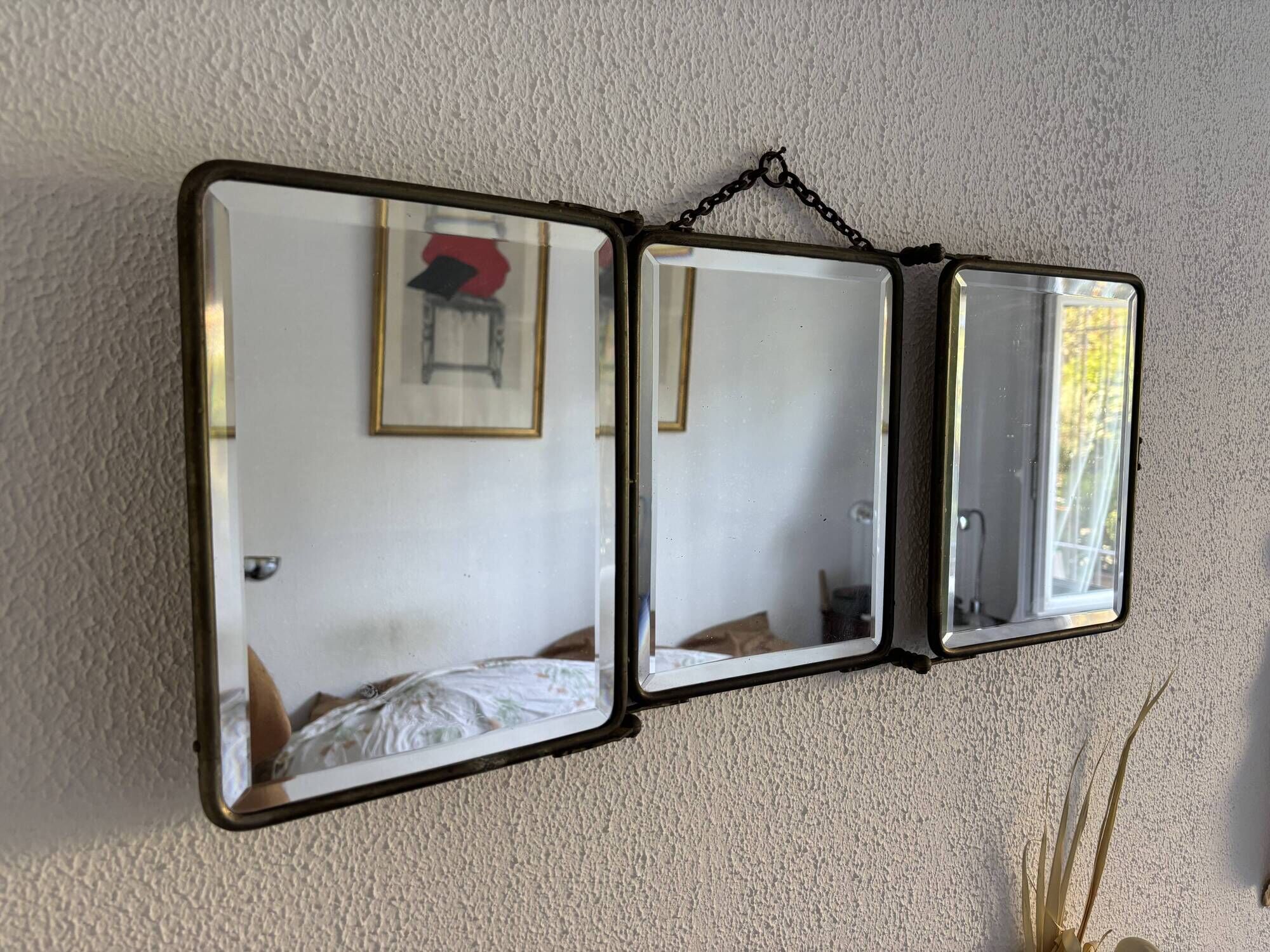 Vintage 1930s triptych barber mirror in ivory faux leather Art Deco - 27 x