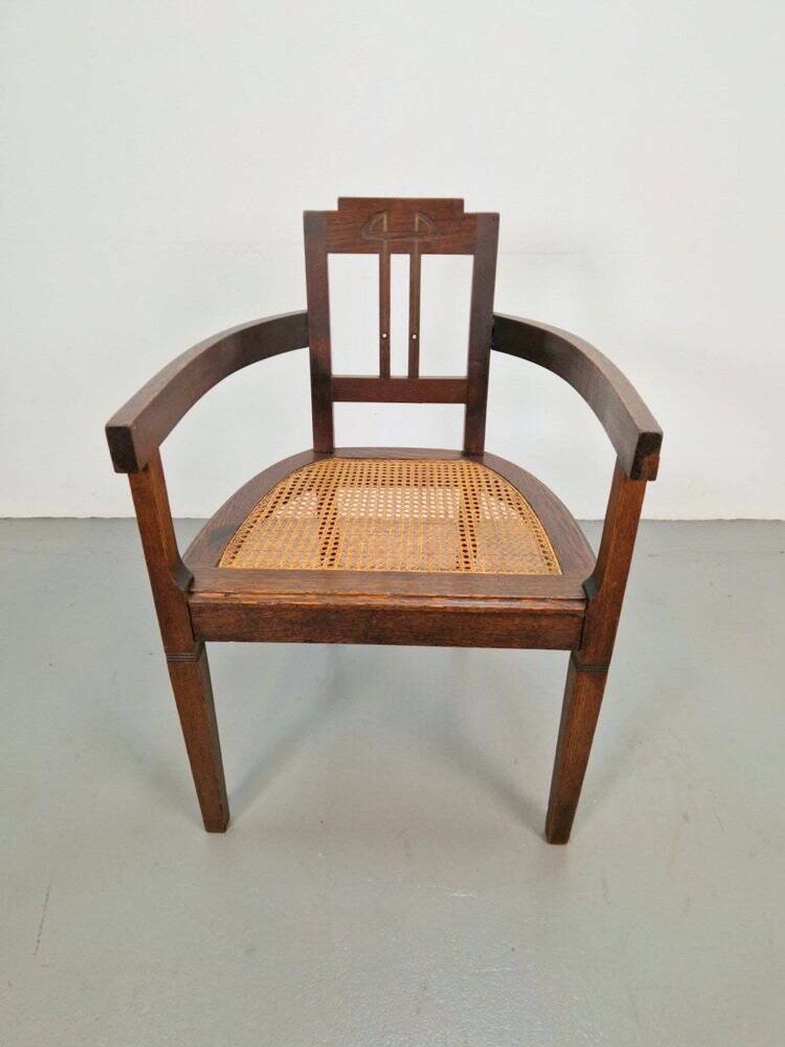 Art Nouveau Deco Armchair in Rattan Webbing, Oak and Copper, 1920s