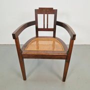 Art Nouveau Deco Armchair in Rattan Webbing, Oak and Copper, 1920s