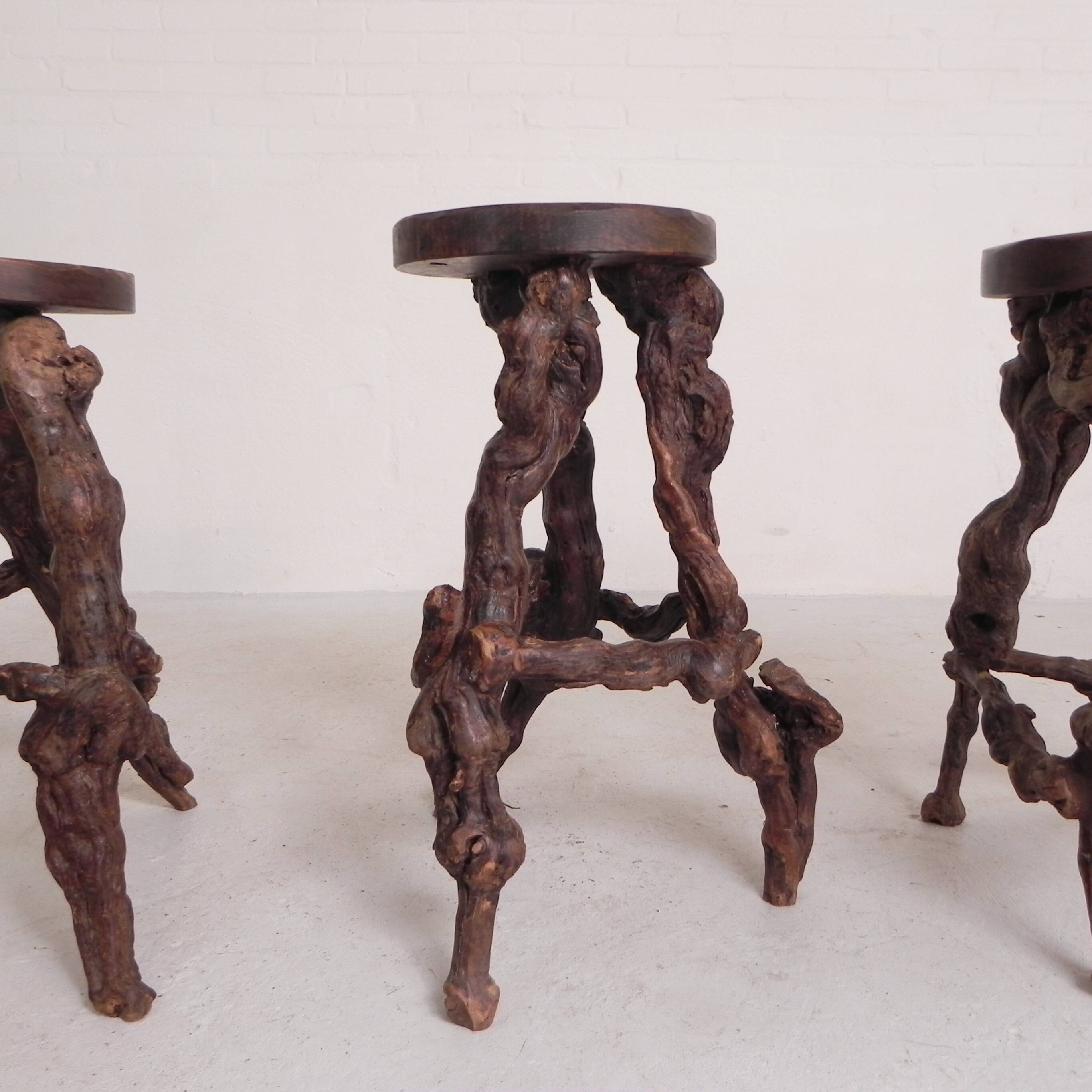 Set of 3 vintage wooden vine bar stools, 1960s