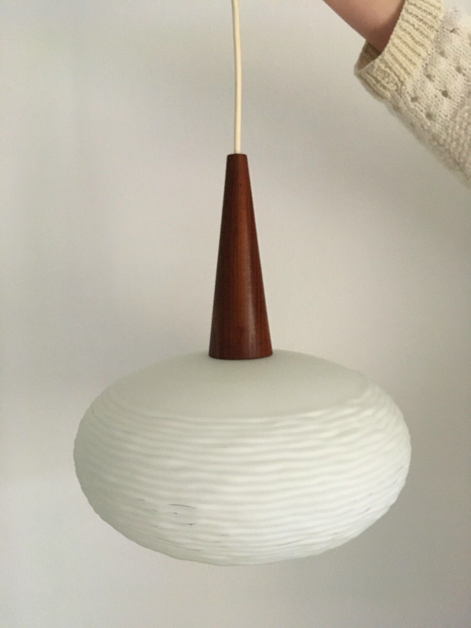 Vintage opaline and teak pendant lamp by Louis Kalff for Philips 1960