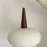 Vintage opaline and teak pendant lamp by Louis Kalff for Philips 1960