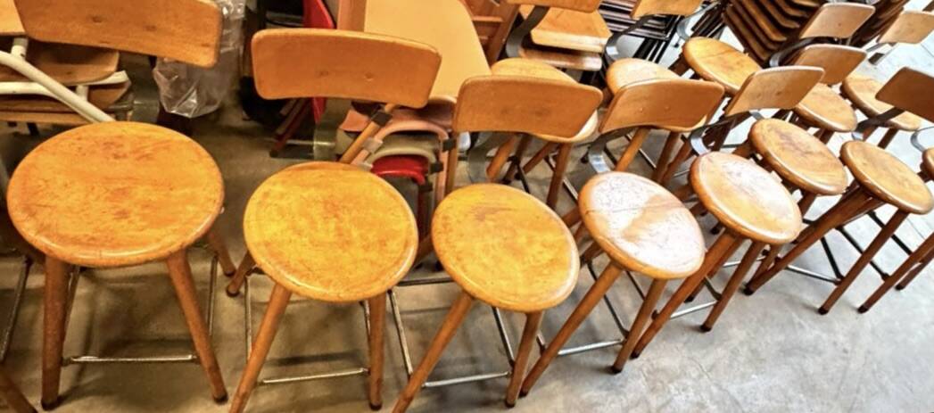 Vintage industrial workshop stool in wood, 1950s