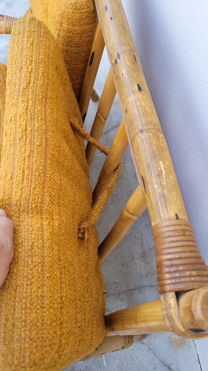 Salon canapé, 2 fauteuils et table basse en rotin vintage fabrication 1950