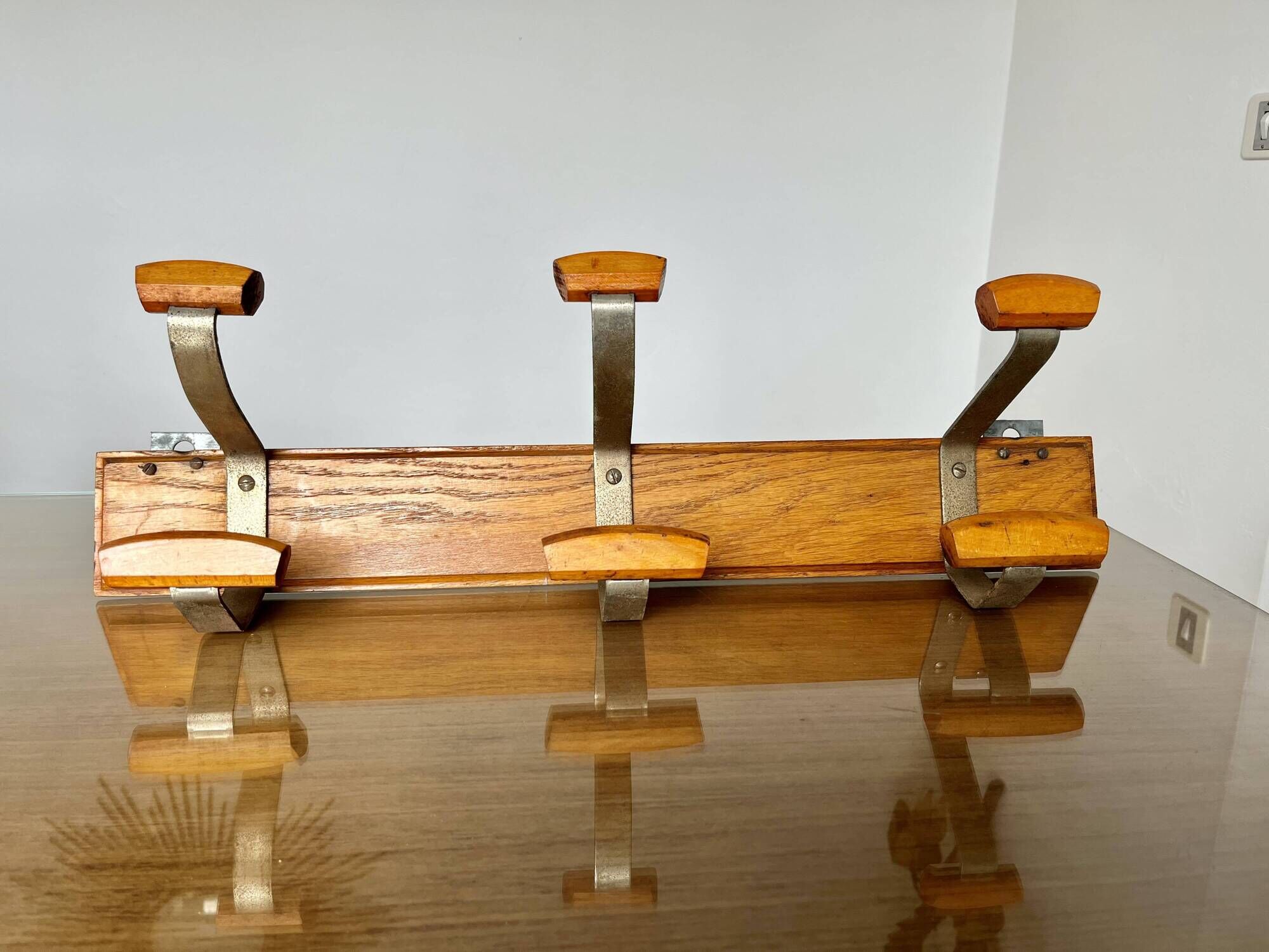 Scandinavian wall coat rack in wood and metal 6 hooks 60s 70s
