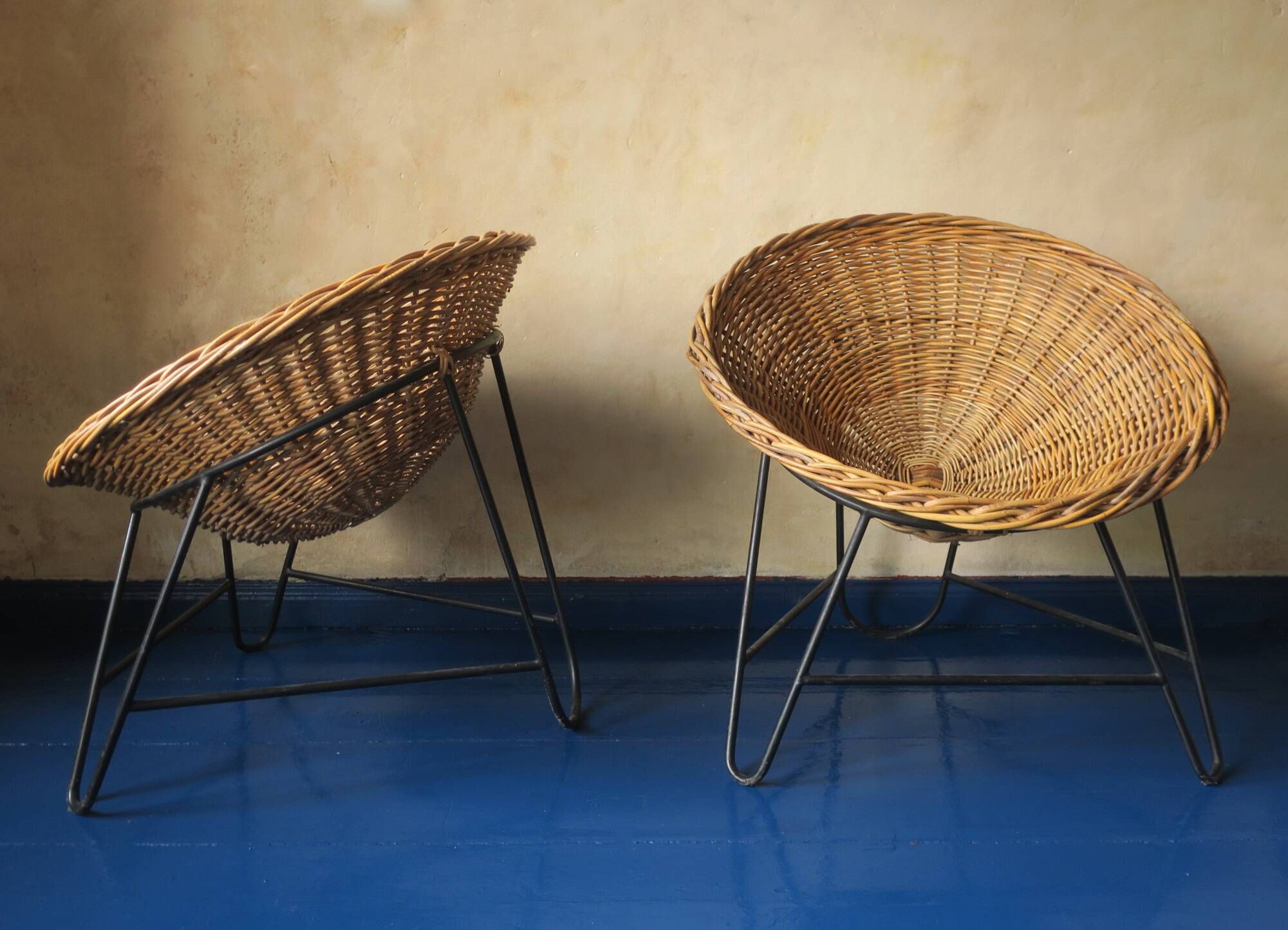 Pair of mid century bamboo and iron pod chairs, 1960s