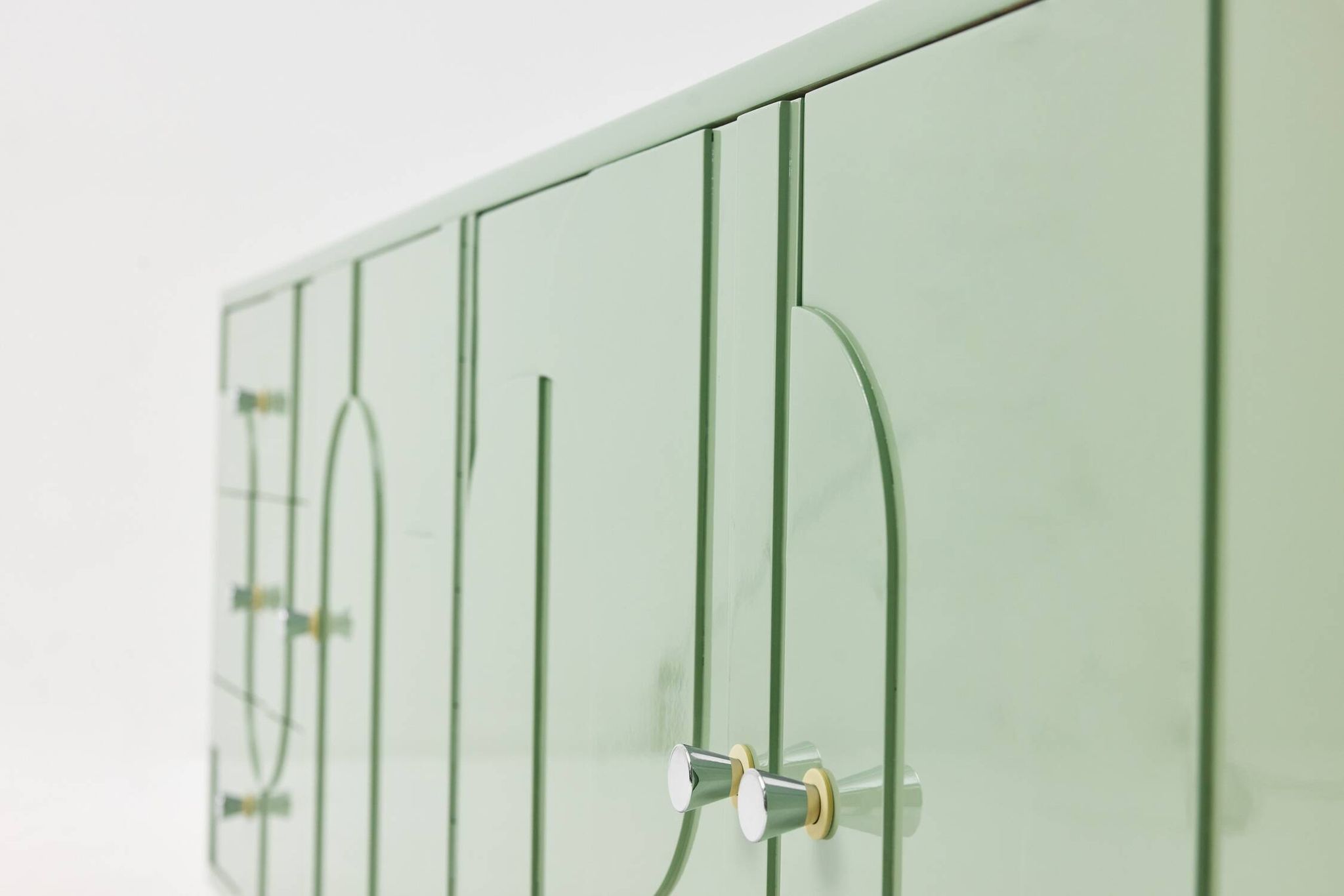 1970s Vintage Sideboard, Pastel Green, Relief, High-Gloss Finish, Chrome