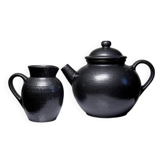 Vintage ball teapot and milk jug duo, Village stoneware, glossy black enamel