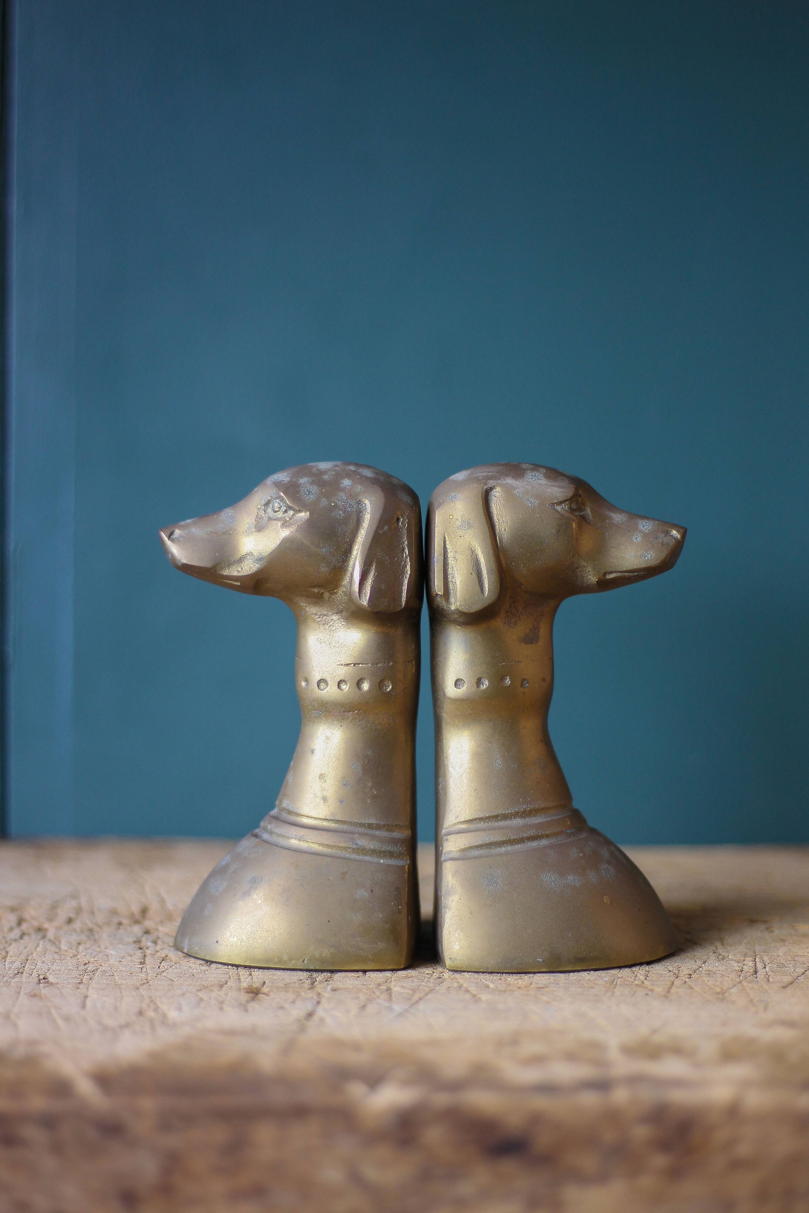 Vintage brass dog head bookends, brass greyhound animals, paperweight, library, office