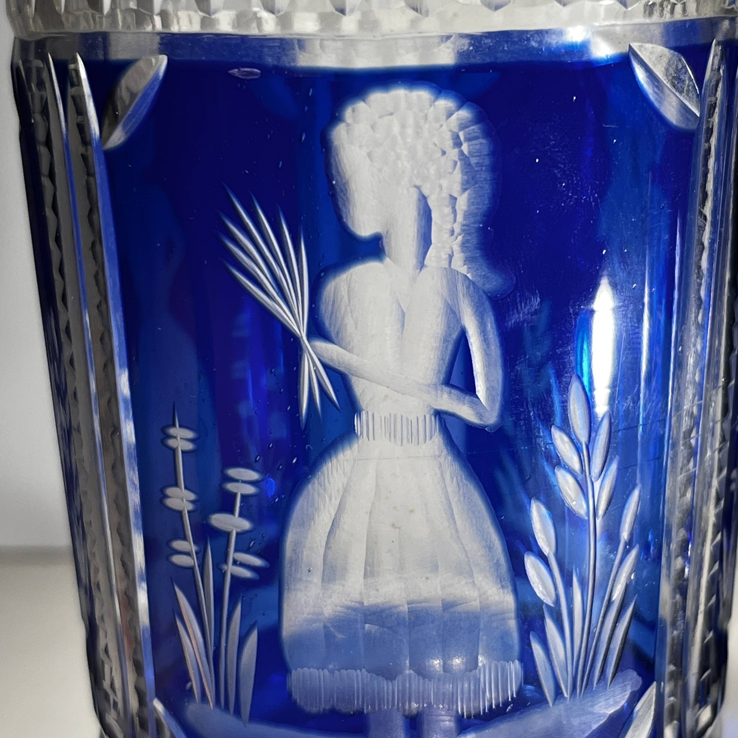 Bohemian crystal, set of 2 glasses, double-cut cobalt blue, ca 1900