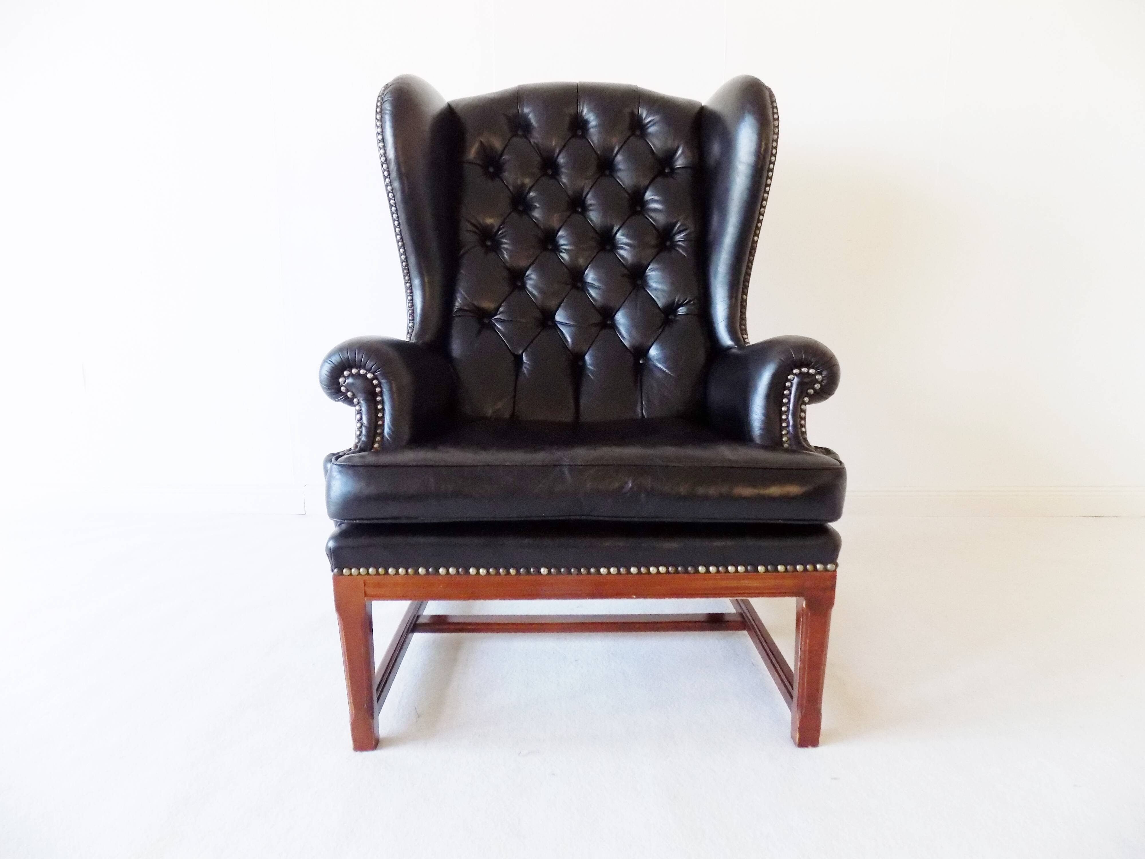 Chesterfield high back leather armchair black from the 1960s