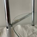 Pedestal table, vintage chrome steel saddle with 2 round windows