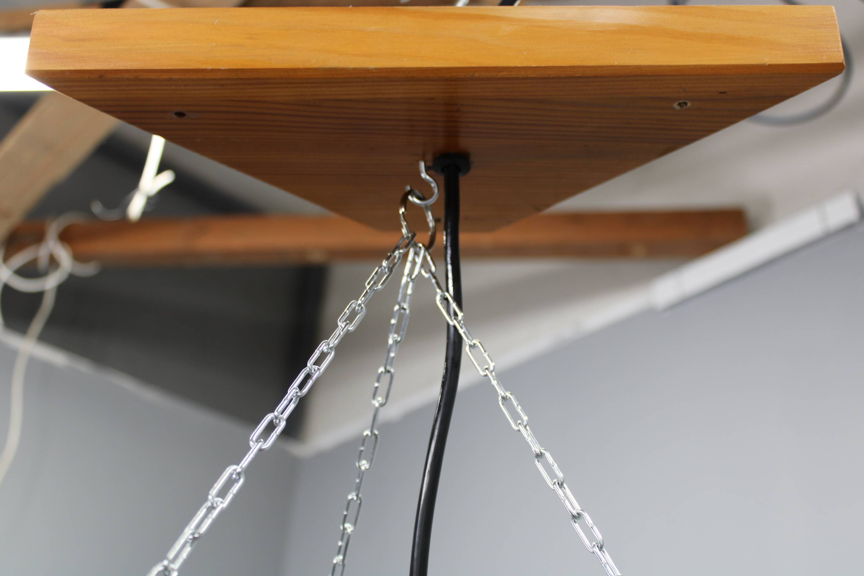 1970s Czechoslovakian rattan & pine pendant light, three-shade chandelier