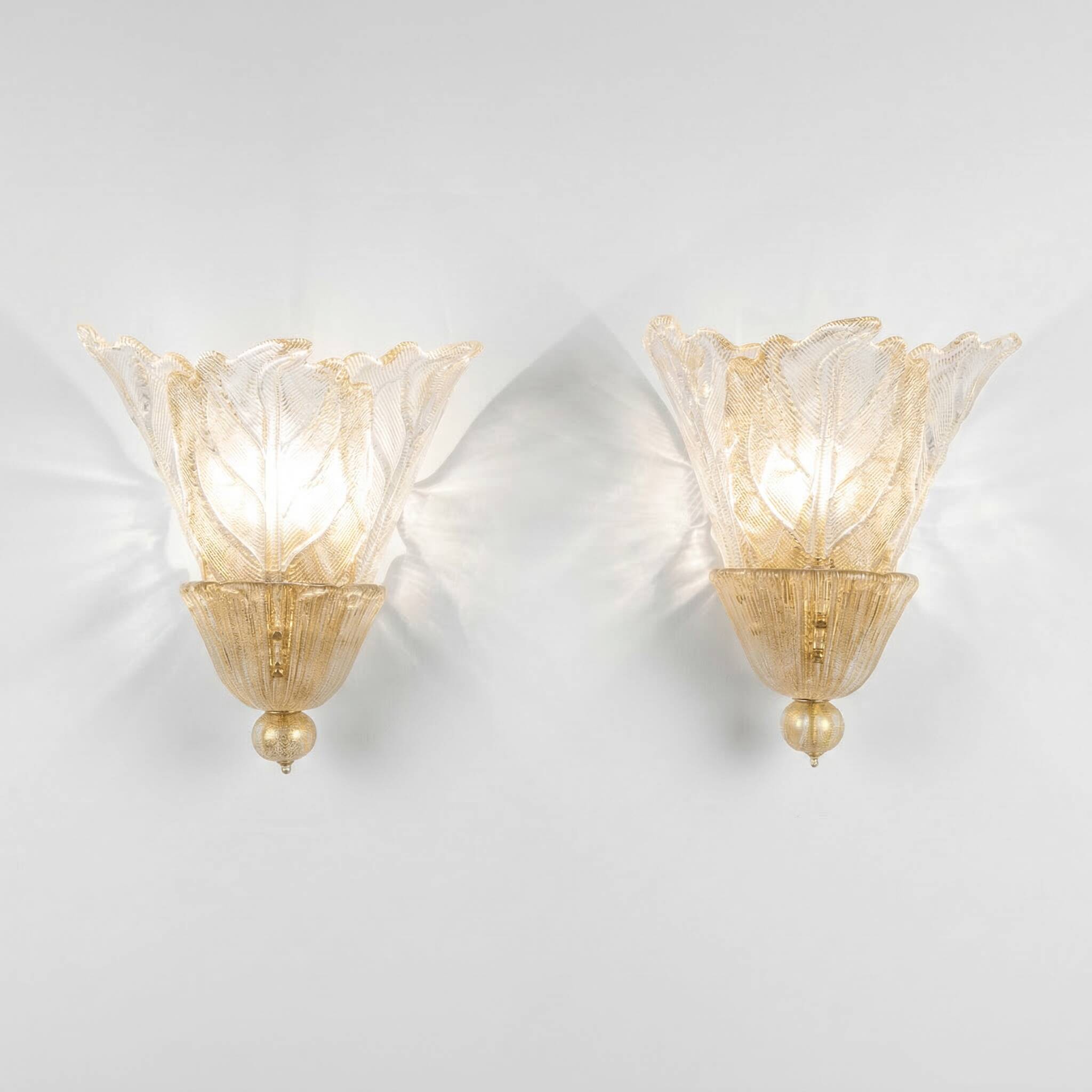 Pair of Barovier & Toso Murano Foglia d’Oro wall sconces, 1980s