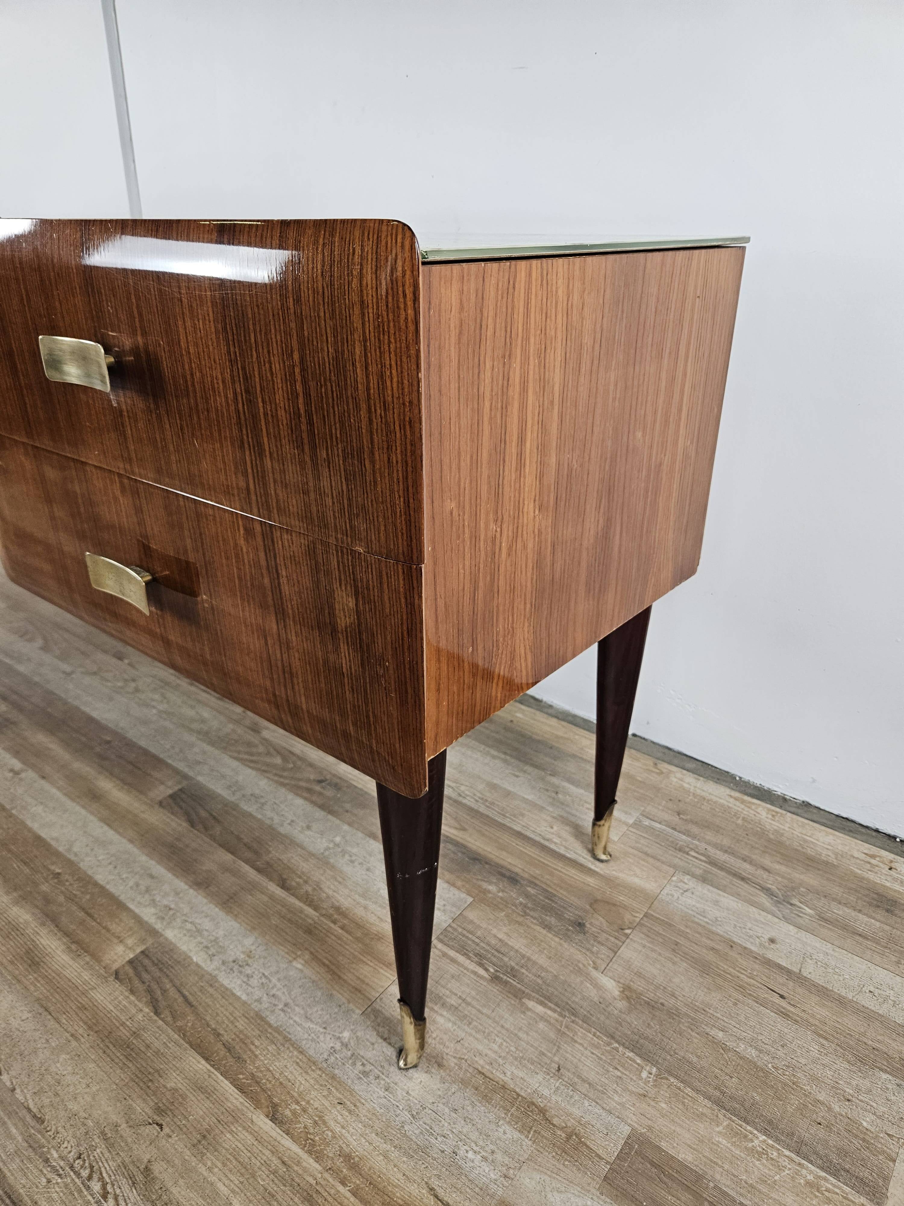 Mid Century Chest of Drawers in Mahogany, Brass and Glass