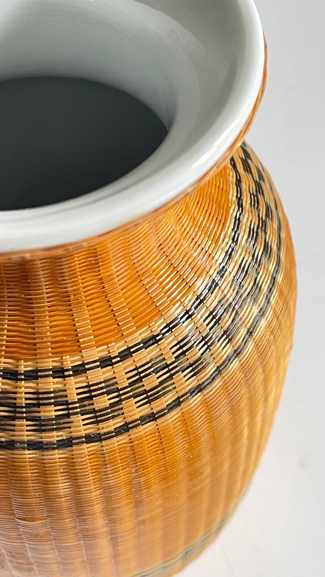 VINTAGE Woven Bamboo and Fine Porcelain VASE