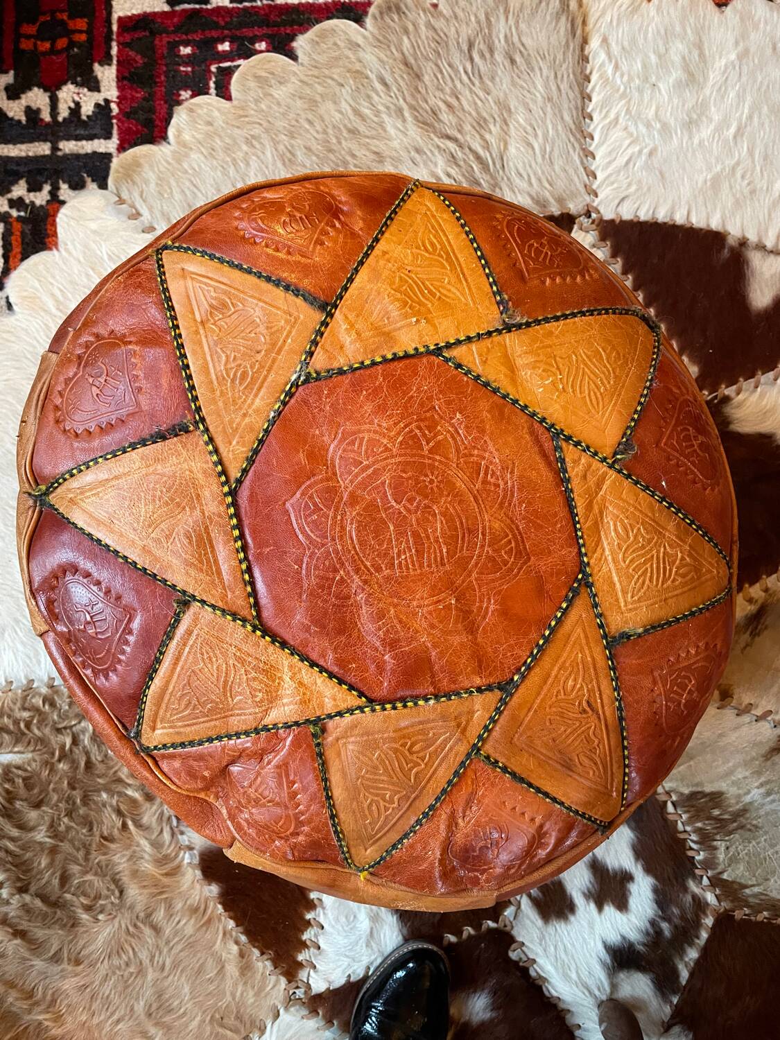 Vintage Berber leather pouf