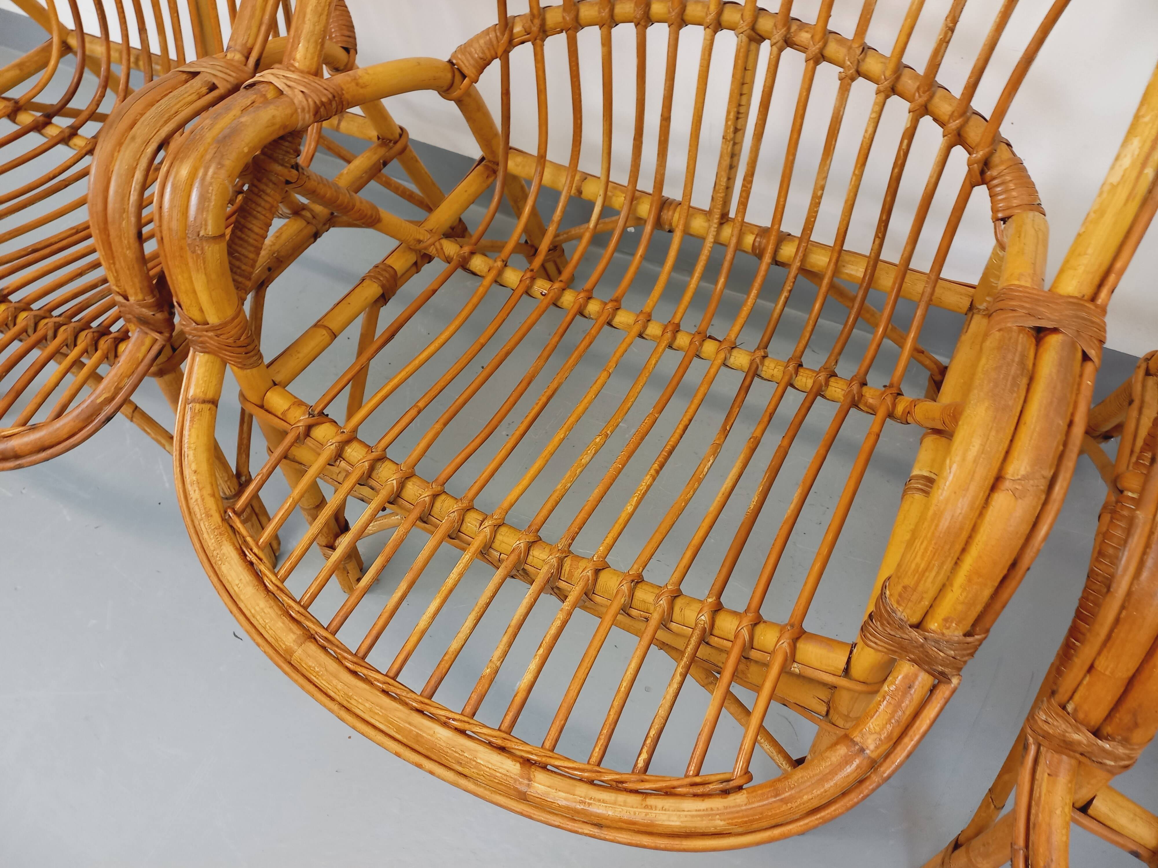 Set of 4 vintage rattan armchairs from the 60s