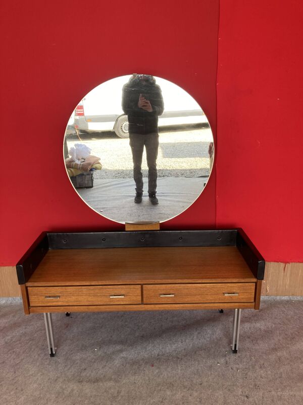 Coiffeuse scandinave en teck avec un grand miroir rond