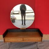 Scandinavian teak dressing table with a large round mirror.