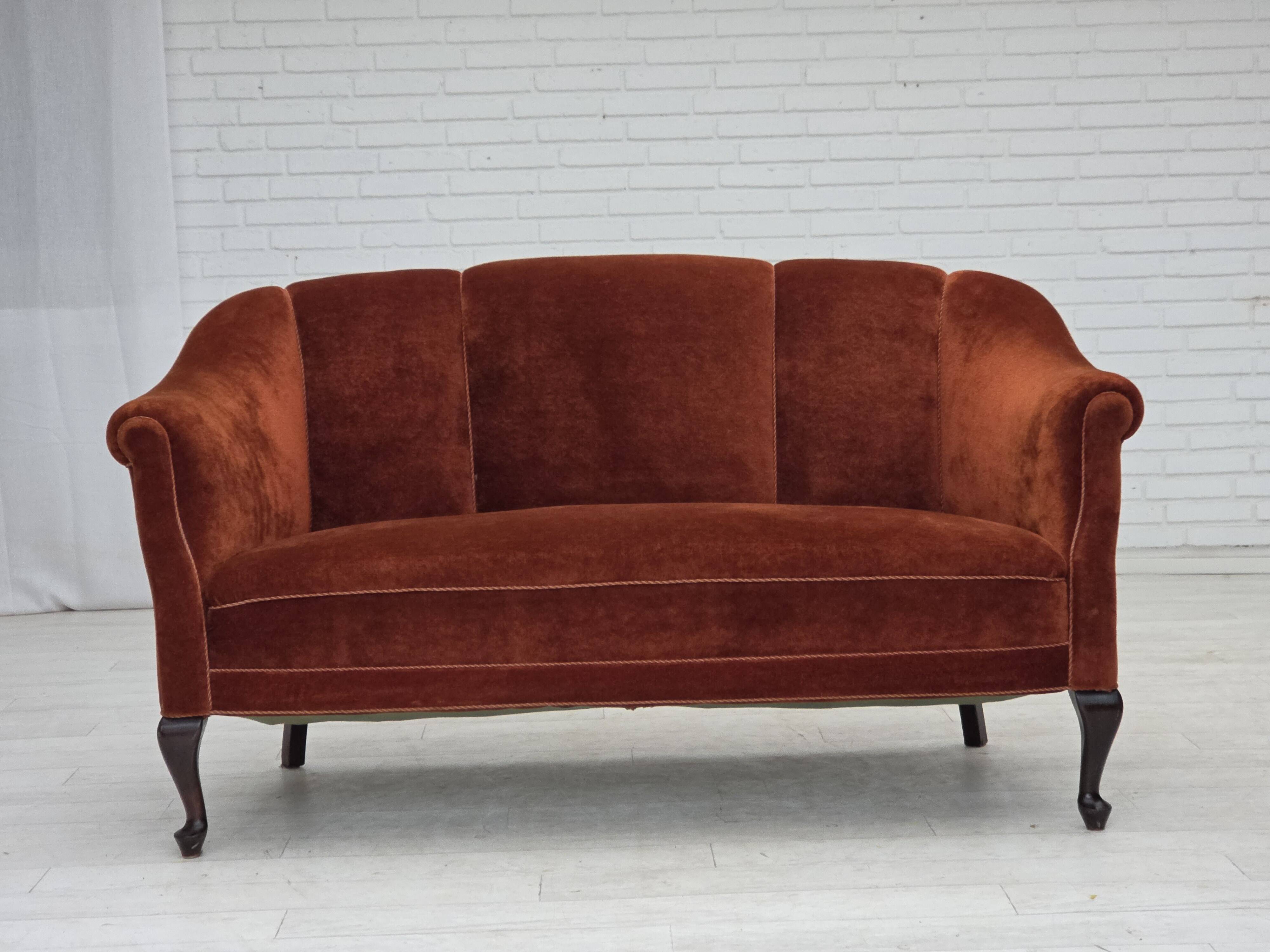 1950s, Danish 2-seater sofa, furniture velour, oak wood legs.