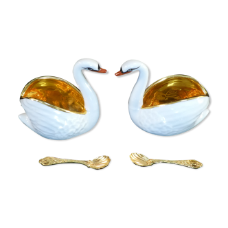 Pair of salters in limoges porcelain white swans