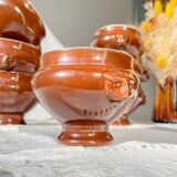 7 vintage Emile Henry ceramic lion head onion soup bowls - brown, made in France