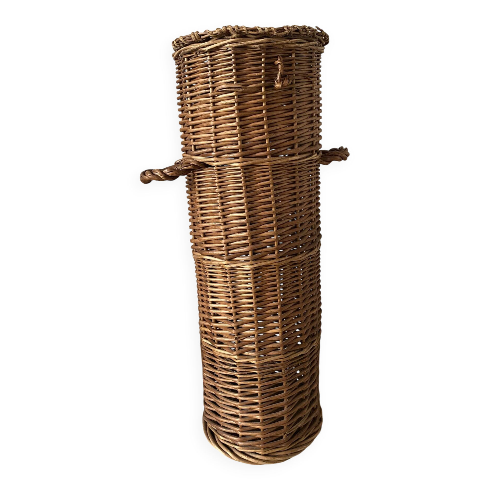 Woven wicker basket, vintage rod holder