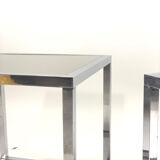 Pair of vintage cubic glass chrome metal side table with 1970 mirror glass tray
