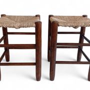 Charlotte Perriand Style, Pair of Rustic Wood and Straw Stools, France, c. 1950s