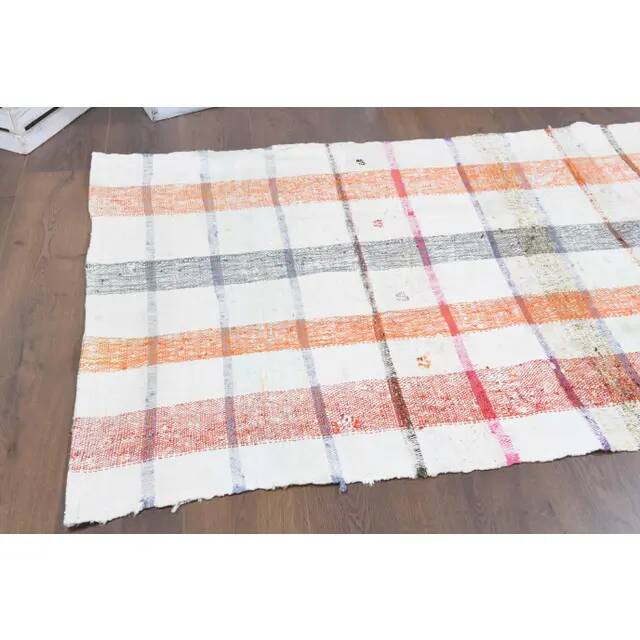 Vintage Turkish Hand-Knotted Wool Cotton White Kilim Runner Rug 107x254
