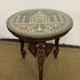 Tripod pedestal table/ side table in inlaid and carved teak