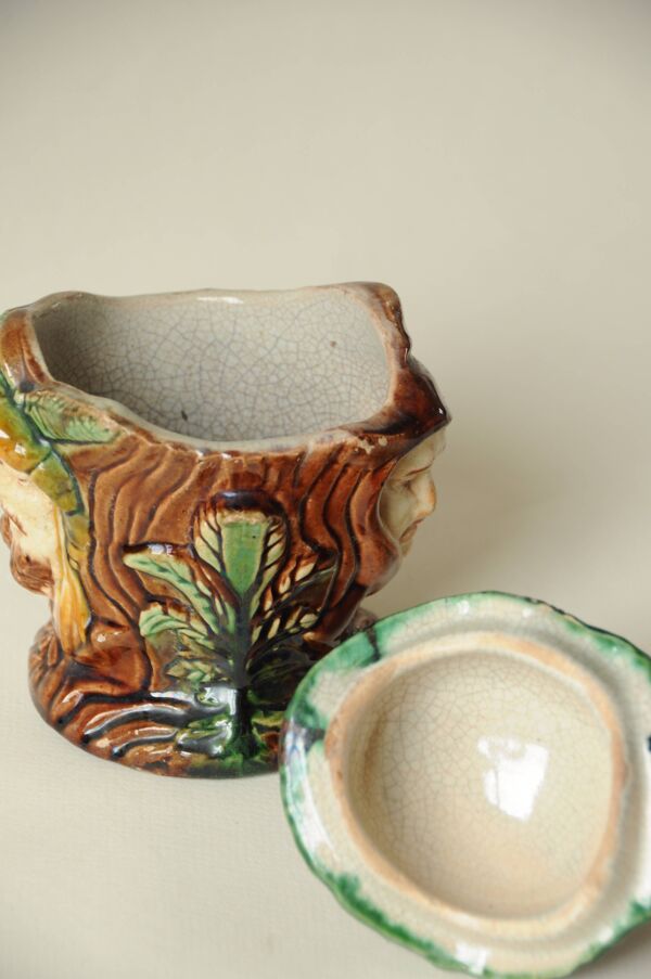 Pot Tabac Ancien Tête Janiforme  - Barbotine Majolica 19e - Style Médiéval