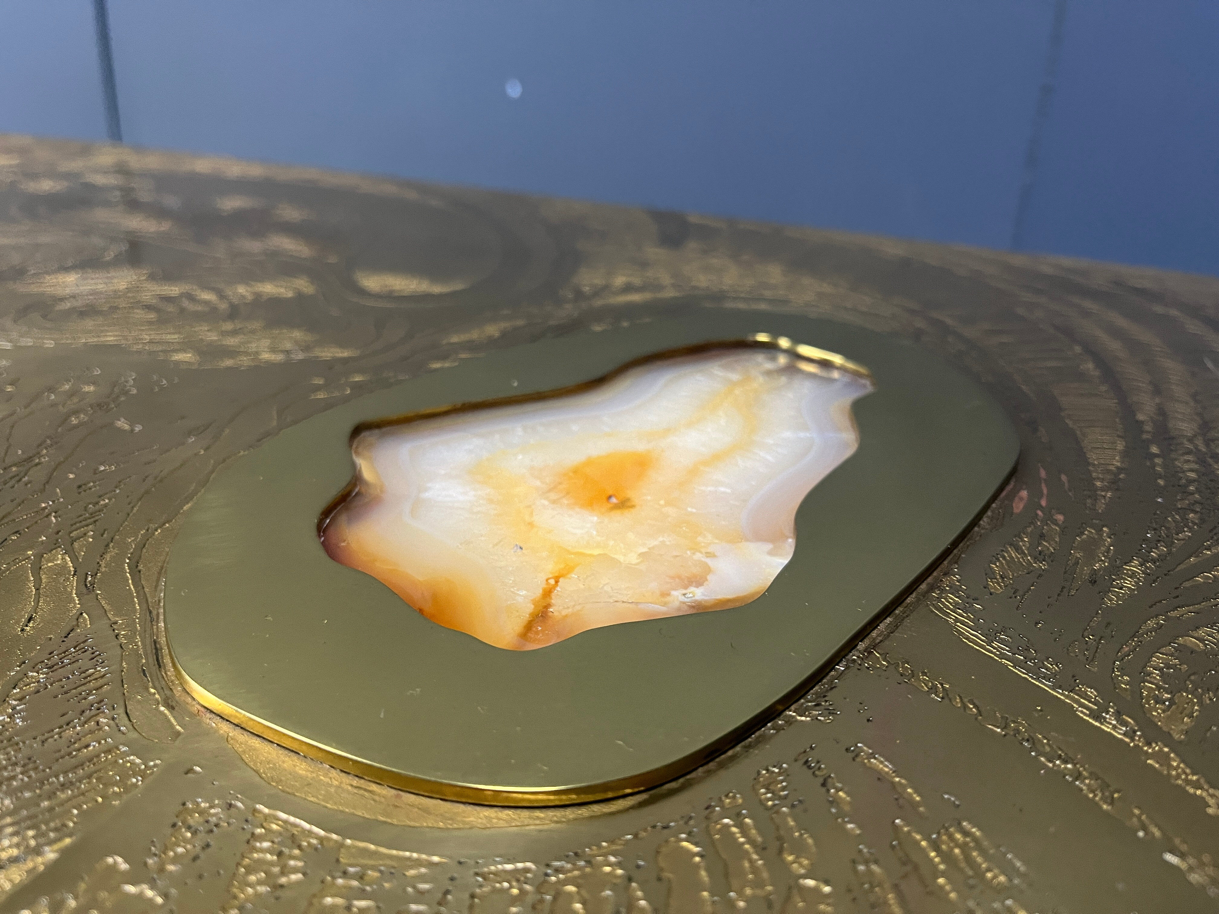 Etched brass and inlaid agate coffee table by Felix De Boussy, Belgium