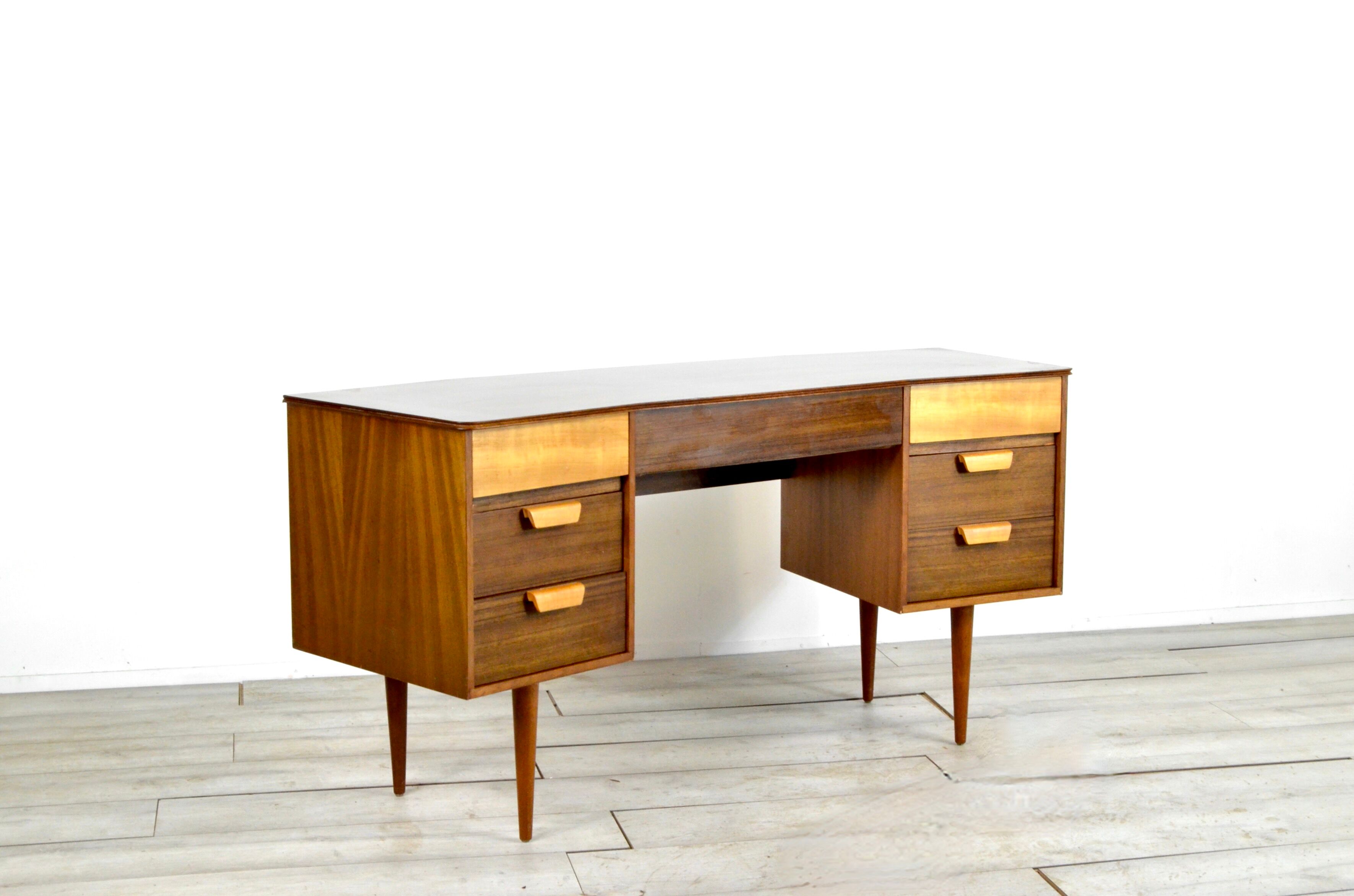 Midcentury Uniflex Walnut And Beech Concave Desk Designed By Gunther Hoffstead .