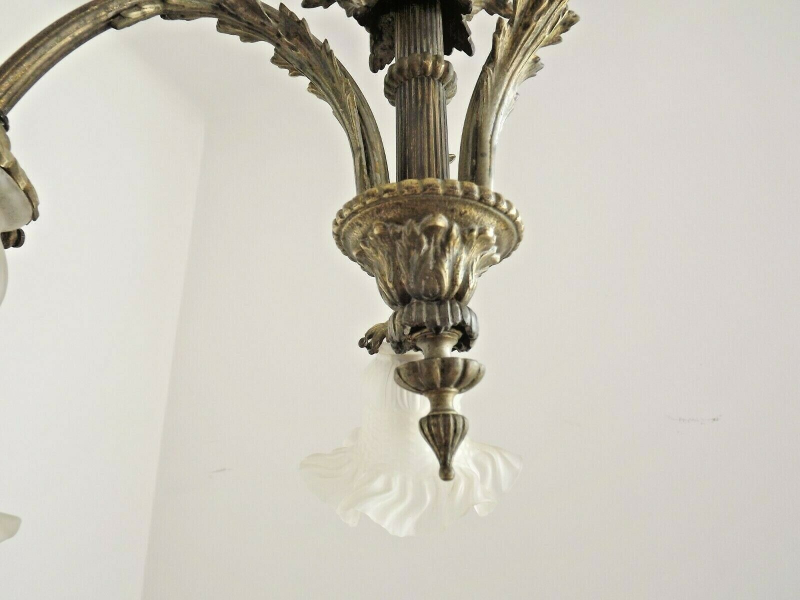 French antique bronze 3 light semi flush chandelier opaque patterned shades