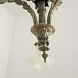 French antique bronze 3 light semi flush chandelier opaque patterned shades
