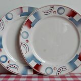 Digoin Sarreguemines, set of 2 dessert plates model Cyrnos geometric design red and blue