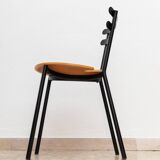 Set of 3 Italian mid-century chairs in black steel frame and natural wood seats - stackable, 1970s